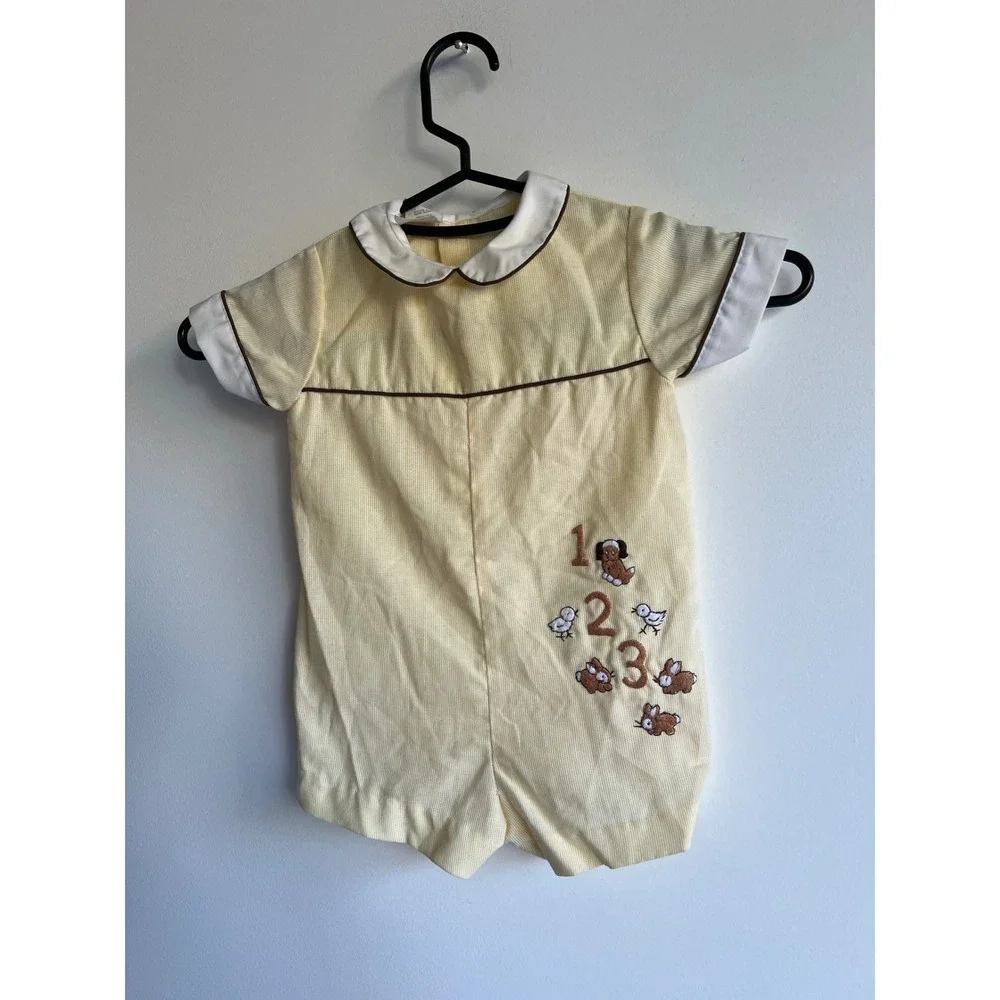 Vintage Yellow Seersucker Baby Romper Animal Embroidery Peter‎ Pan Collar 1/2